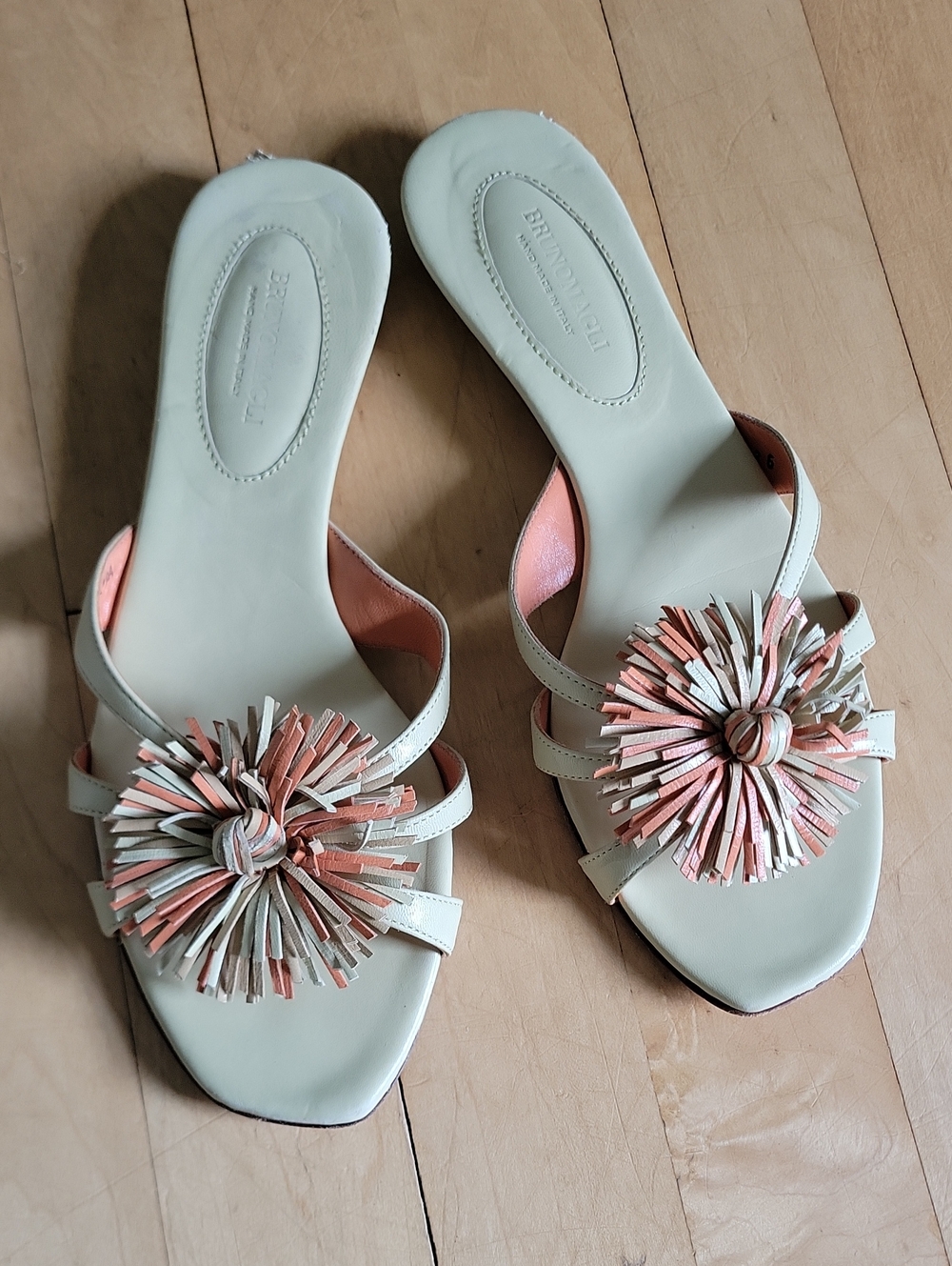 Vintage Bruno Magli Yellow Slide Sandals Orange Tassel Flower Pompom 6